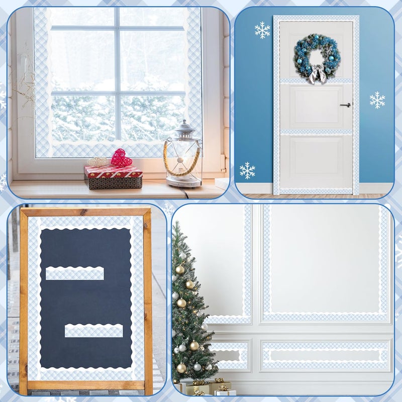 BeYumi Winter Snowflake Border Trim - 65ft Winter Christmas Sage Blue Snowflake Plaid Scalloped Rolled Border Trim Checkered Bulletin Board Borders School Classroom Office Chalkboard Door Decoration - Image 5